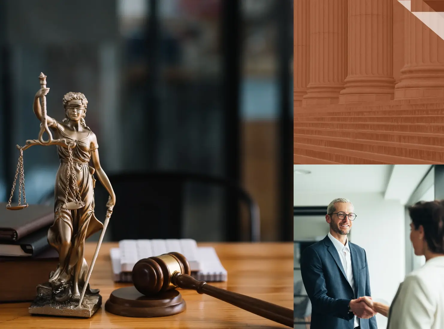 Image collage of lawyer desk, building columns and business professionals
